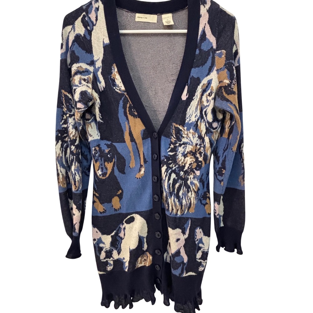 Long Button-Front Cardigan Sweater in Multi Blue and Navy with Dog Motif